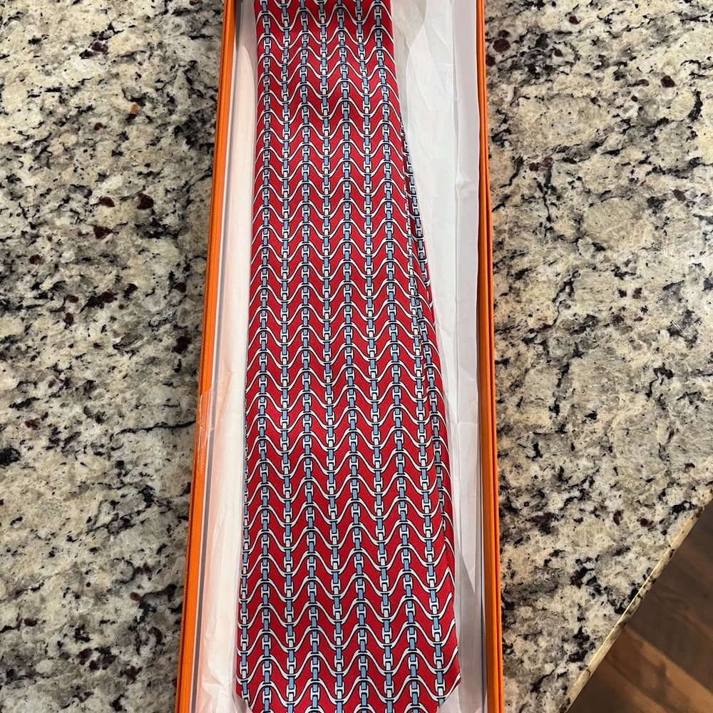 Hermes Red and Silver Geometric Silk Tie